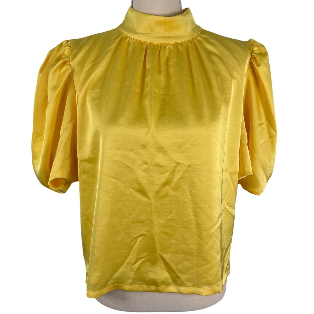 S'edge Yellow Satin Puff Sleeve Mock Neck Blouse Top NWT Size M